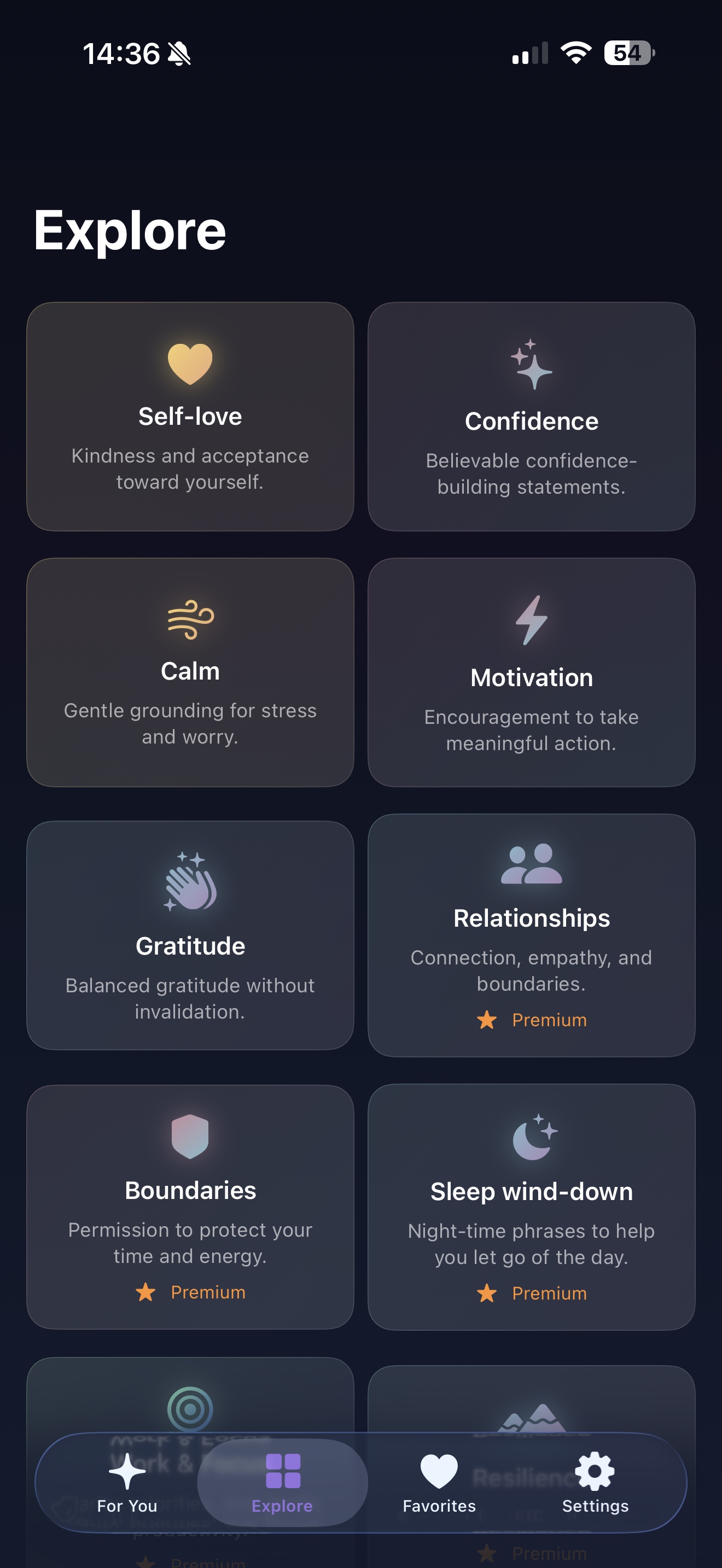 Lumen explore screen with category cards